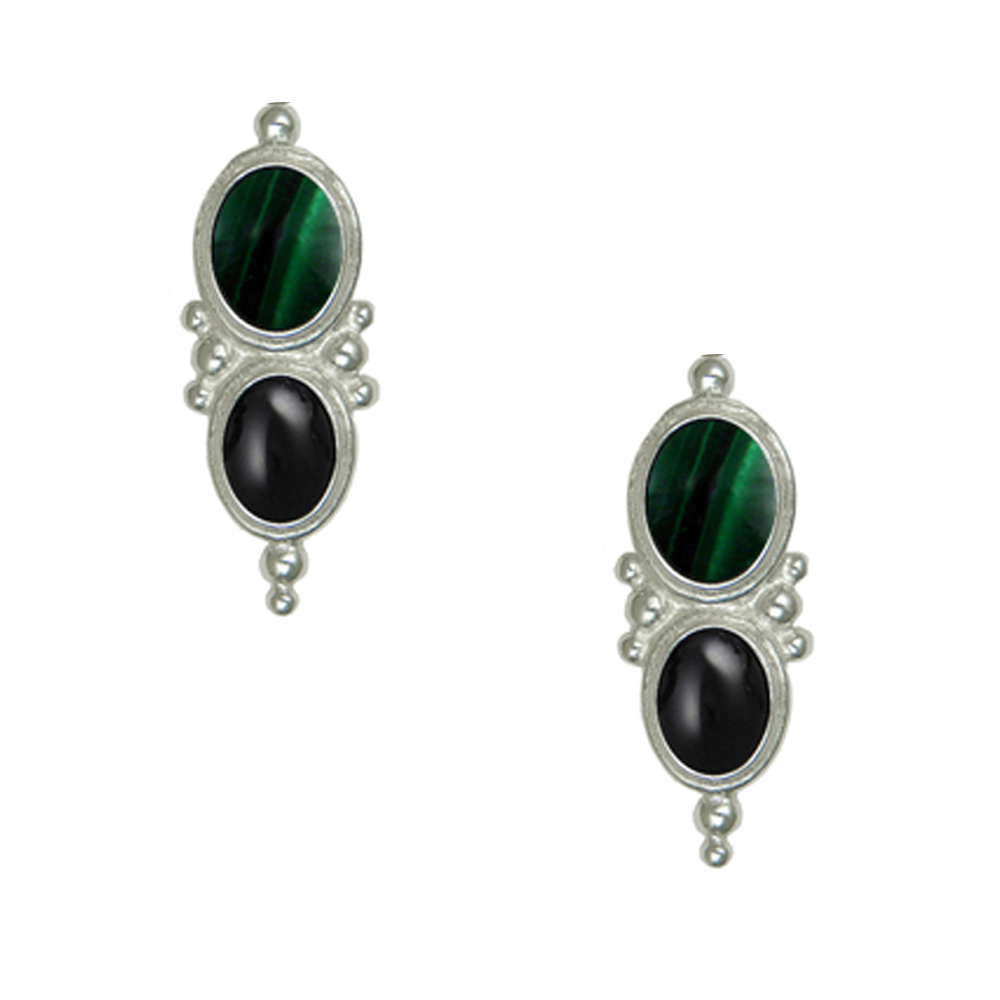 Sterling Silver Drop Dangle Earrings With Malachite And Black Onyx